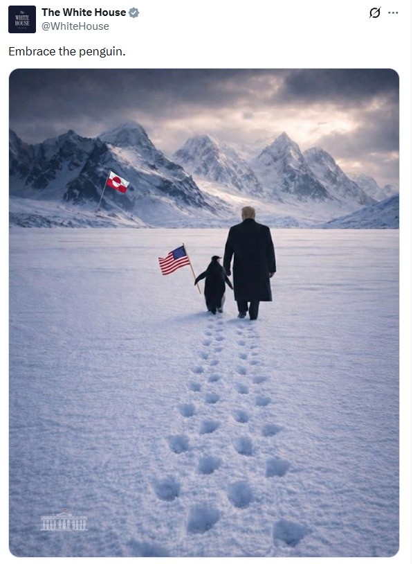 Casa Branca posta montagem de Trump com pinguim na Groenlândia e vira alvo de chacota: ‘Não existem no Ártico’